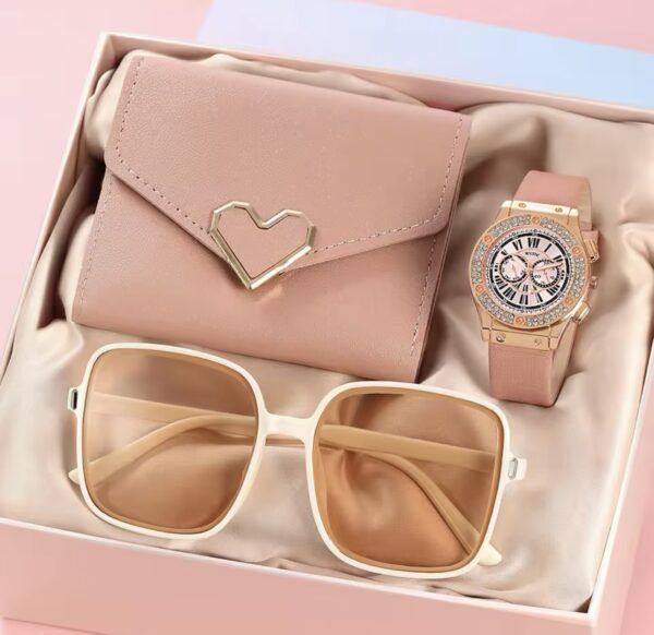 3PCS Set Women Casual Leather Watches Quartz Wristwatches & Ladies Heart Bow Wallet Glasses Sunglasses Clock Montre Femme