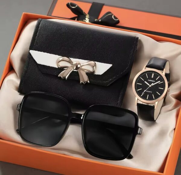 3PCS Set Women Casual Leather Watches Quartz Wristwatches & Ladies Heart Bow Wallet Glasses Sunglasses Clock Montre Femme - Image 2