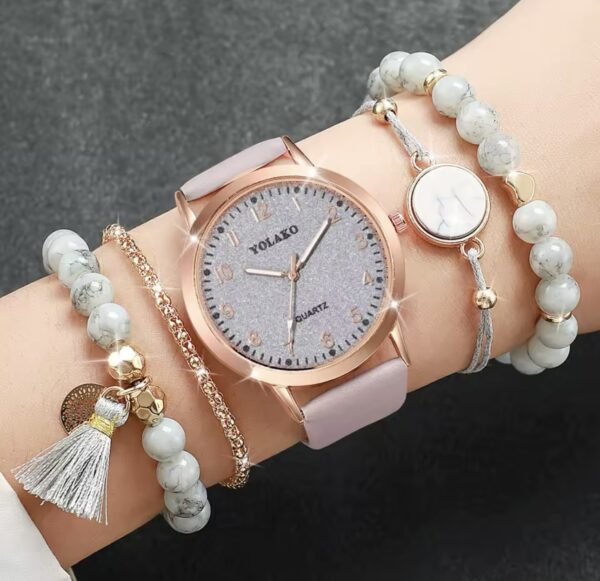 5PCS/Set Fashion Arabic Dial Women Quartz Watch Casual Leather Band Wrist Watches Bracelets  Set（Without Box） - Image 2