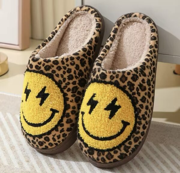 Leopard Print Winter Slippers Women Lightning Smile Face Fluffy Fur Slippers Woman Indoor Anti-slip Furry Couple Cotton Slides - Image 3